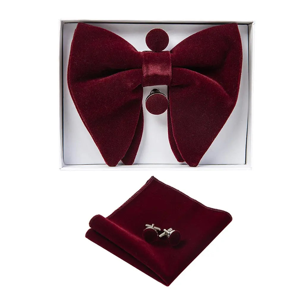 Ricnais velours grand noeud papillon hommes noeuds papillon poche carré boutons de manchette ensemble solide rouge bleu mouchoir cravate pour homme cadeau de mariage