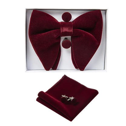 Ricnais velours grand noeud papillon hommes noeuds papillon poche carré boutons de manchette ensemble solide rouge bleu mouchoir cravate pour homme cadeau de mariage