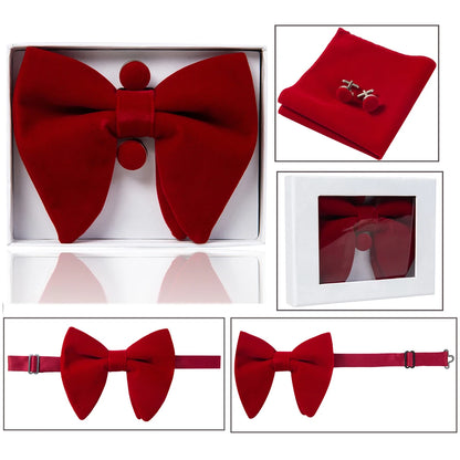 Ricnais velours grand noeud papillon hommes noeuds papillon poche carré boutons de manchette ensemble solide rouge bleu mouchoir cravate pour homme cadeau de mariage