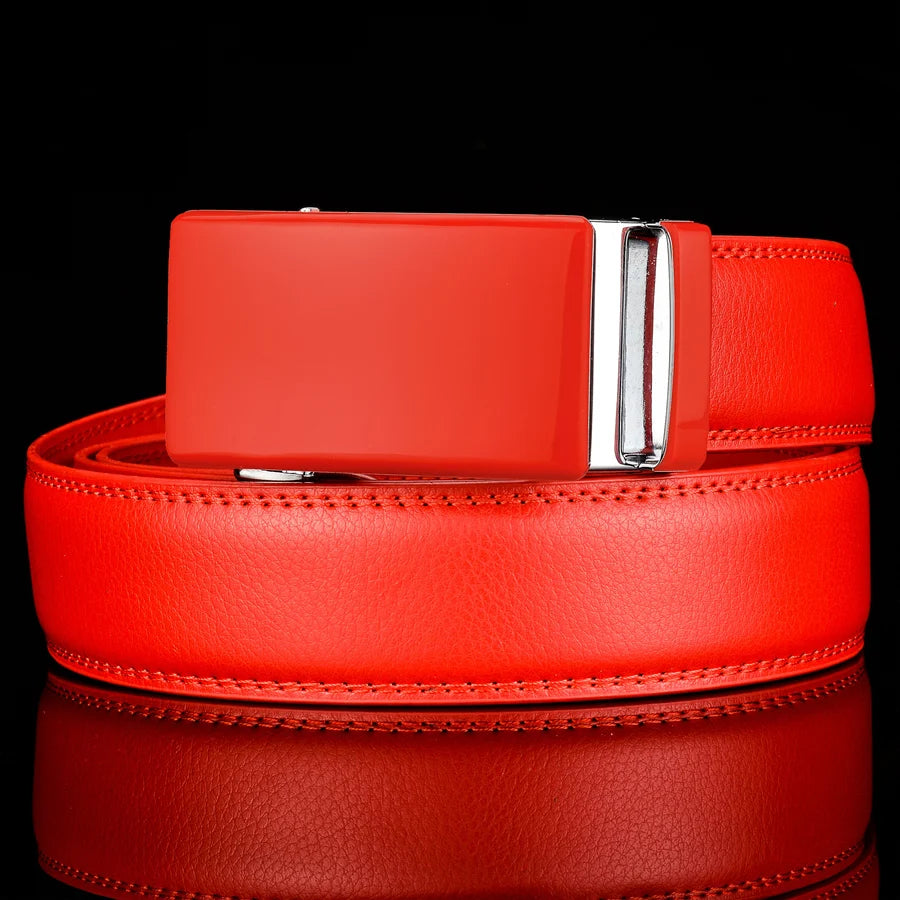 Plyesxale-Ceinture en cuir véritable pour homme, ceinture habillée à cliquet, haute qualité, automatique, bleu, rouge, marron clair, environnement B36