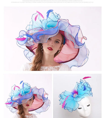 FS Organza Kentucky Derby Fascinators chapeau pour femmes dames à large bord chapeaux de soleil fleurs élégant mariage mariée église fête Fedoras