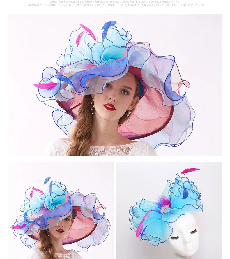 FS Organza Kentucky Derby Fascinators chapeau pour femmes dames à large bord chapeaux de soleil fleurs élégant mariage mariée église fête Fedoras