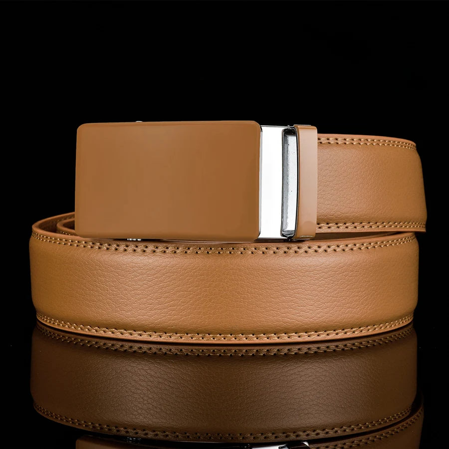 Plyesxale-Ceinture en cuir véritable pour homme, ceinture habillée à cliquet, haute qualité, automatique, bleu, rouge, marron clair, environnement B36