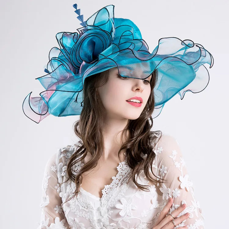 Chapeau d'été à large bord pour femmes, ruban en Organza, Protection UV florale, casquette de soleil de plage, chapeau pour vacances, église, casquette de fête, B-8624