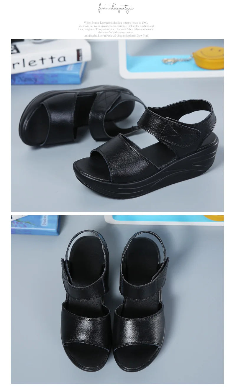 WOIZGIC-Sandales en cuir véritable pour femmes, chaussures d'été décontractées à plateforme avec boucle à crochet, AM-9018