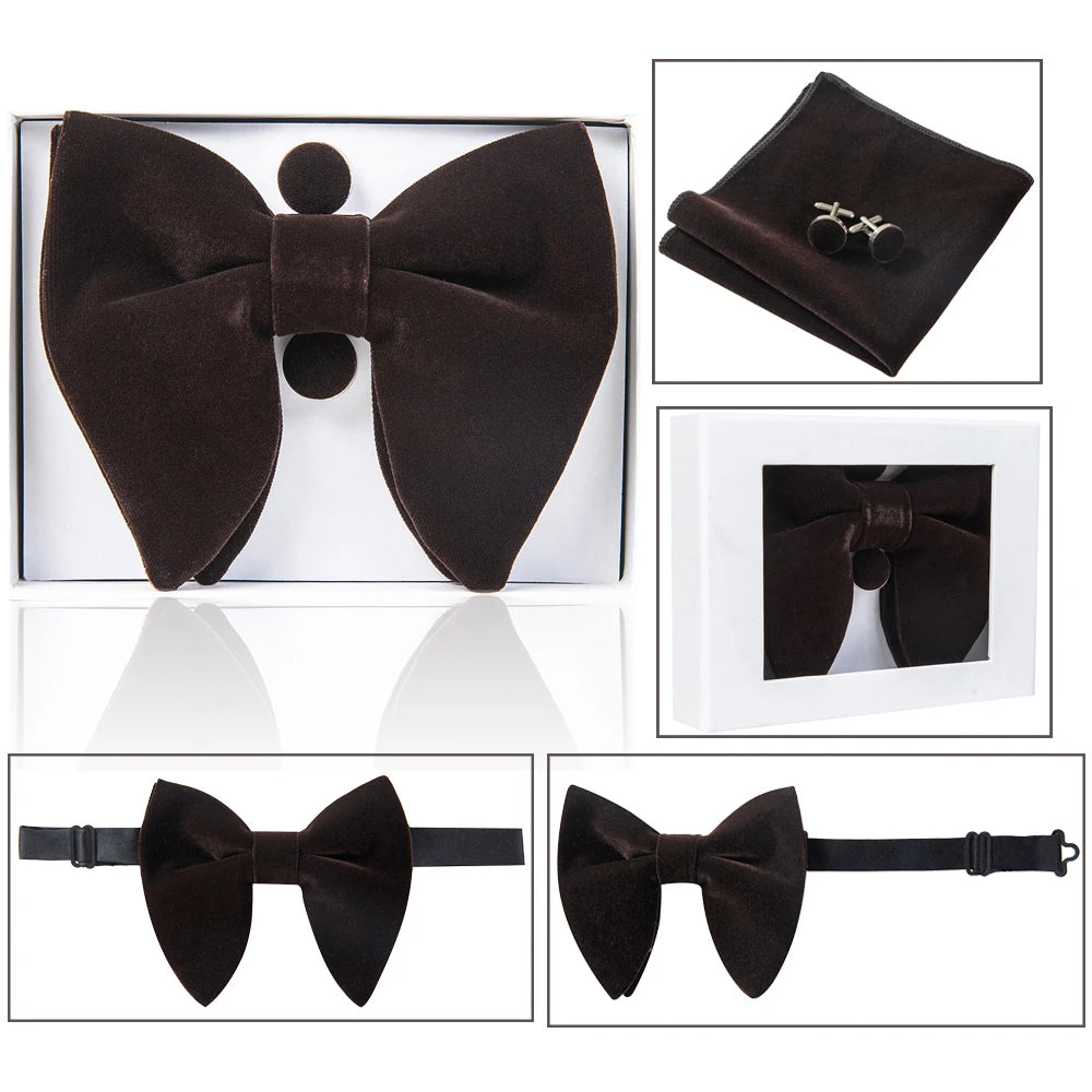 Ricnais velours grand noeud papillon hommes noeuds papillon poche carré boutons de manchette ensemble solide rouge bleu mouchoir cravate pour homme cadeau de mariage