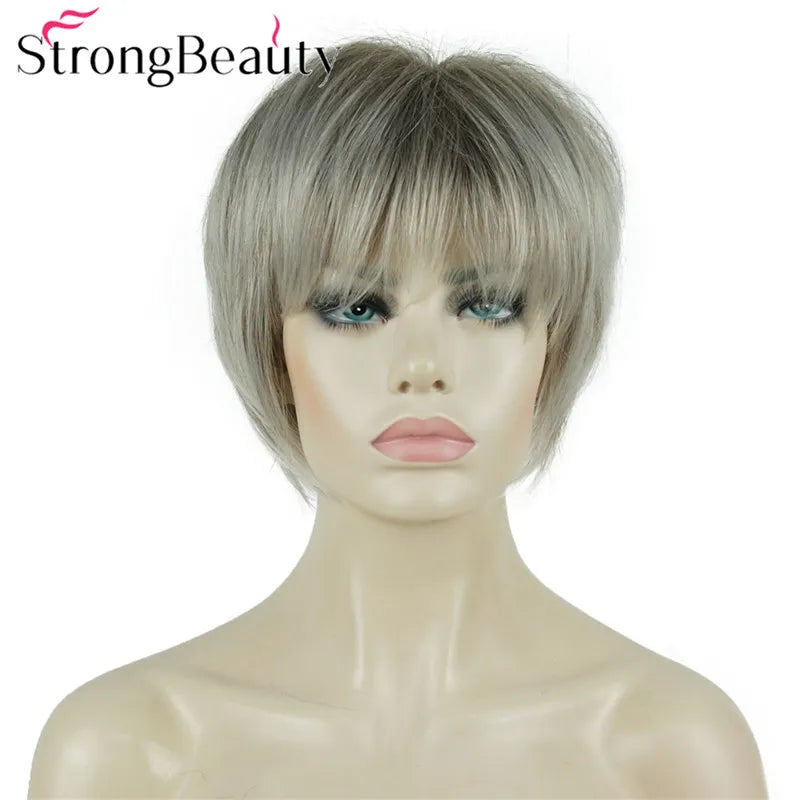 StrongBeauty-Perruques Synthétiques Courtes Droites, Cheveux Doux, Layered Shag, Ombre Blonde