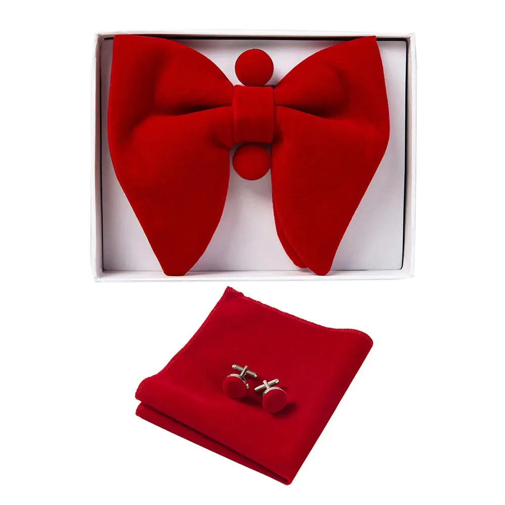 Ricnais velours grand noeud papillon hommes noeuds papillon poche carré boutons de manchette ensemble solide rouge bleu mouchoir cravate pour homme cadeau de mariage