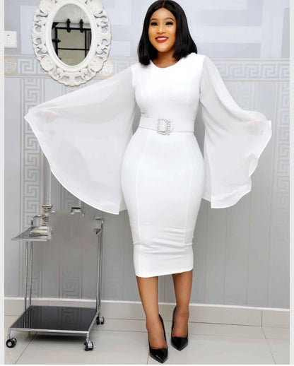 Robe de soirée mi-longue en mousseline de soie pour femme, manches longues évasées, batterie sexy, ceinture incluse, mode de bureau élégante, noir, dames, automne, 2019