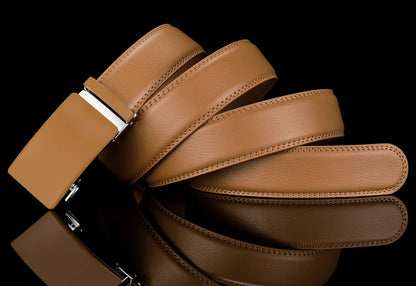 Plyesxale-Ceinture en cuir véritable pour homme, ceinture habillée à cliquet, haute qualité, automatique, bleu, rouge, marron clair, environnement B36