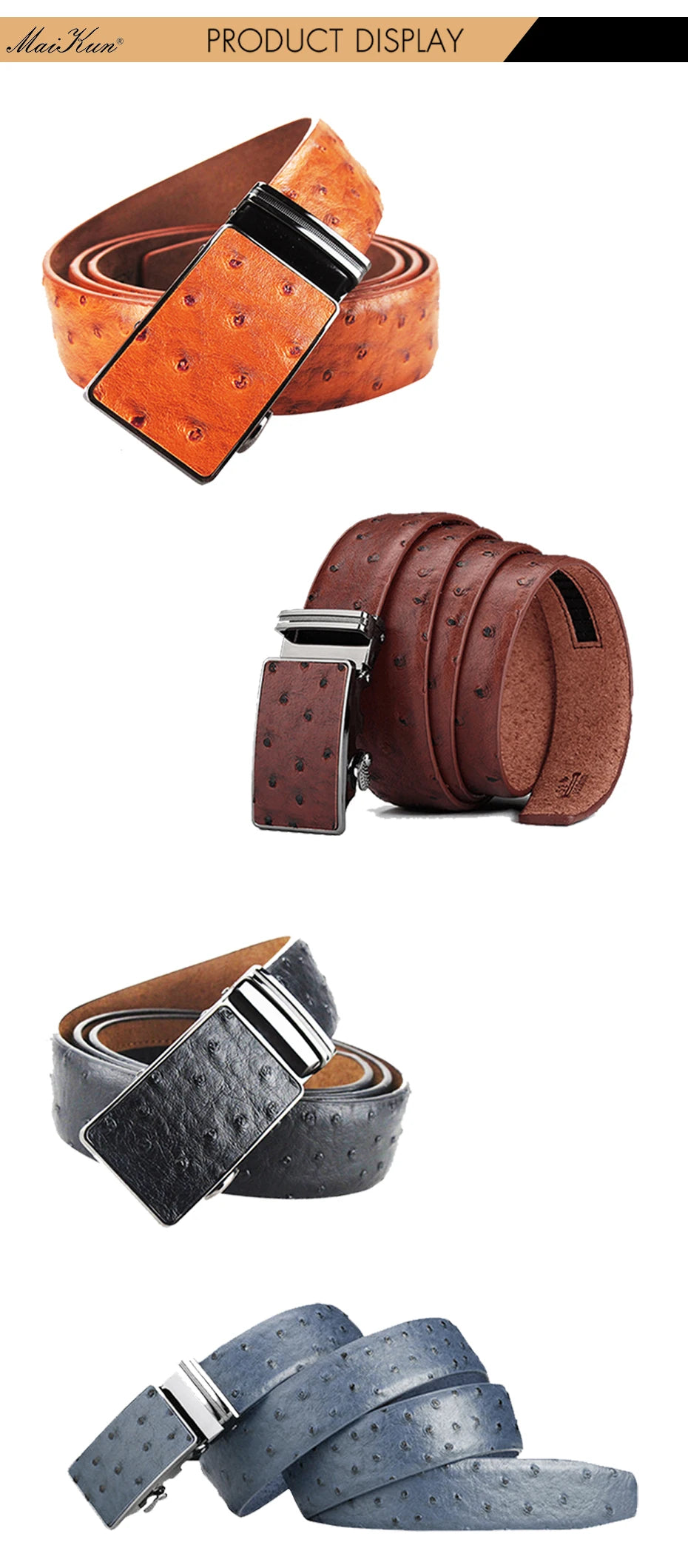 Maikun – Ceinture en cuir de luxe pour hommes, design Original, Grain d'autruche, automatique, avec boucle