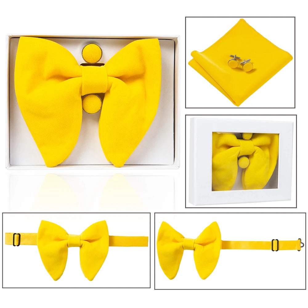 Ricnais velours grand noeud papillon hommes noeuds papillon poche carré boutons de manchette ensemble solide rouge bleu mouchoir cravate pour homme cadeau de mariage