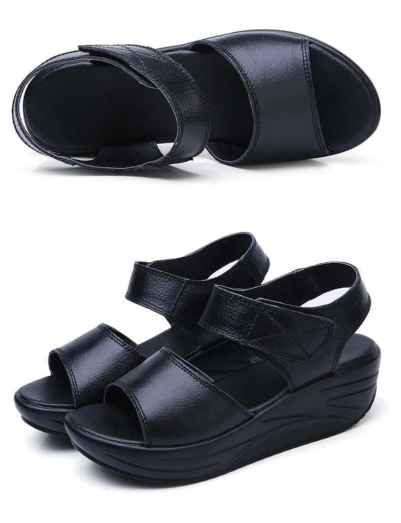 WOIZGIC-Sandales en cuir véritable pour femmes, chaussures d'été décontractées à plateforme avec boucle à crochet, AM-9018