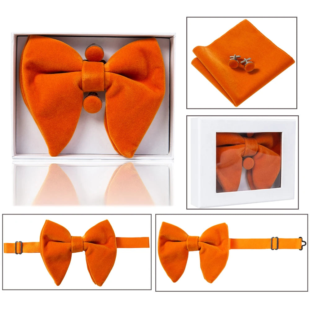 Ricnais velours grand noeud papillon hommes noeuds papillon poche carré boutons de manchette ensemble solide rouge bleu mouchoir cravate pour homme cadeau de mariage