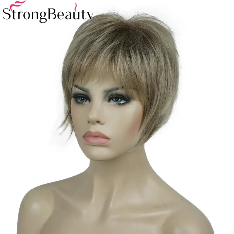 StrongBeauty-Perruques Synthétiques Courtes Droites, Cheveux Doux, Layered Shag, Ombre Blonde