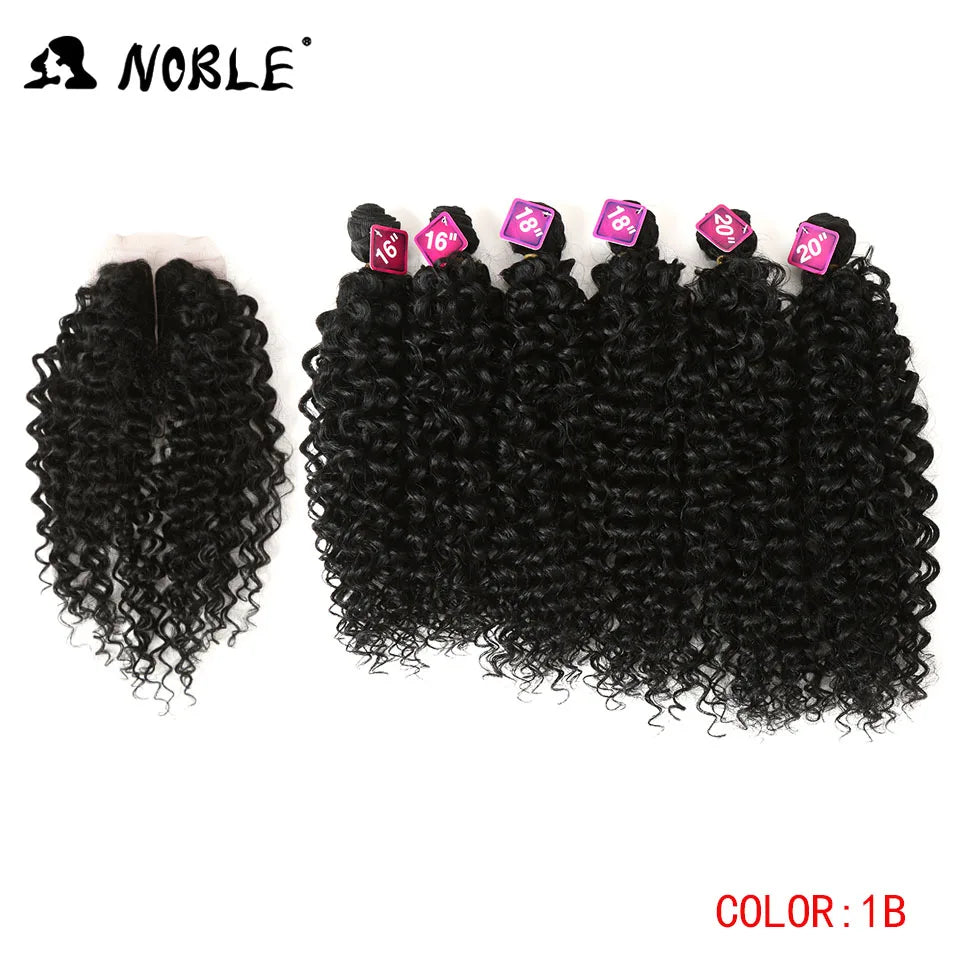 Noble tissage de cheveux synthétiques 16-20 pouces 7 pièces/lot Afro crépus bouclés paquets de cheveux avec fermeture dentelle synthétique pour les femmes noires