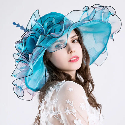 Chapeau d'été à large bord pour femmes, ruban en Organza, Protection UV florale, casquette de soleil de plage, chapeau pour vacances, église, casquette de fête, B-8624