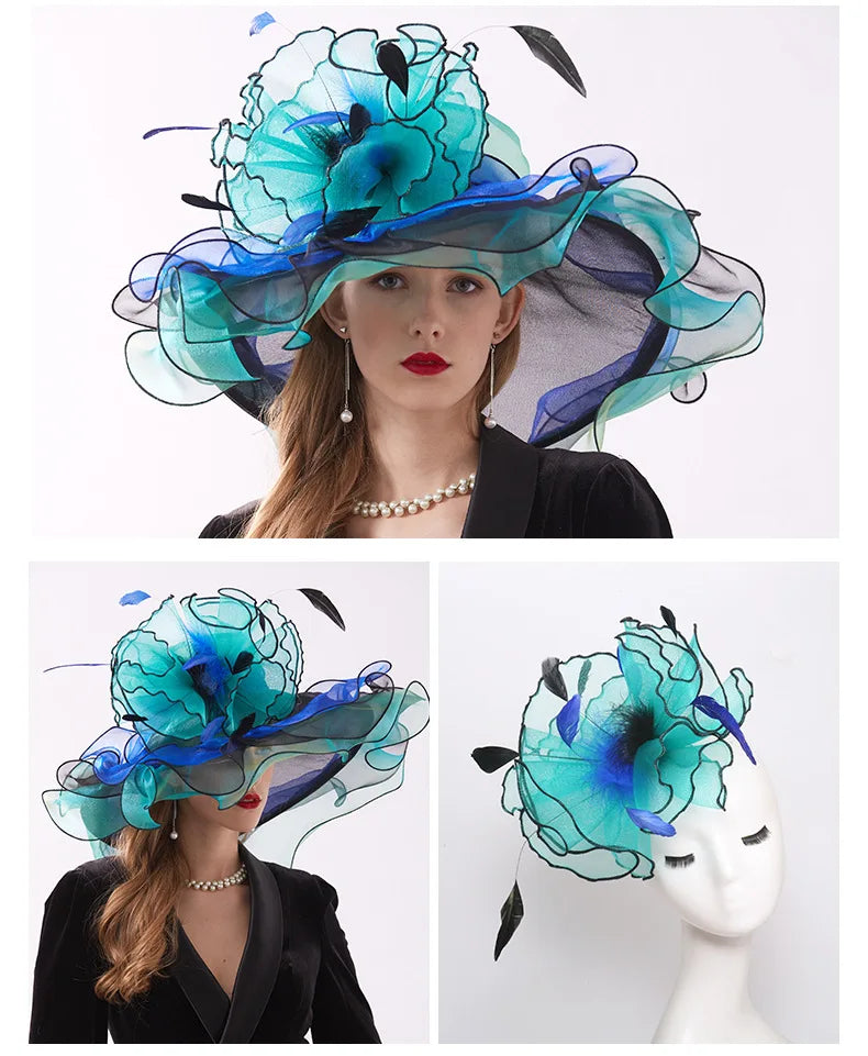 FS Organza Kentucky Derby Fascinators chapeau pour femmes dames à large bord chapeaux de soleil fleurs élégant mariage mariée église fête Fedoras