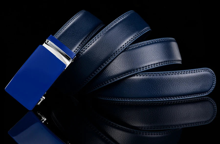 Plyesxale-Ceinture en cuir véritable pour homme, ceinture habillée à cliquet, haute qualité, automatique, bleu, rouge, marron clair, environnement B36