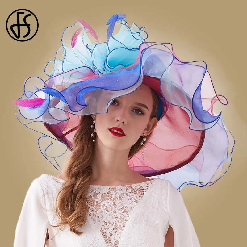 FS Organza Kentucky Derby Fascinators chapeau pour femmes dames à large bord chapeaux de soleil fleurs élégant mariage mariée église fête Fedoras
