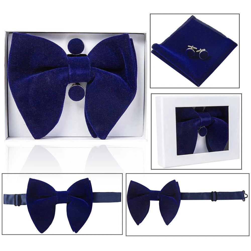 Ricnais velours grand noeud papillon hommes noeuds papillon poche carré boutons de manchette ensemble solide rouge bleu mouchoir cravate pour homme cadeau de mariage