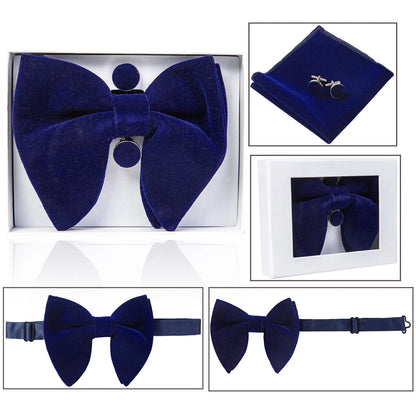 Ricnais velours grand noeud papillon hommes noeuds papillon poche carré boutons de manchette ensemble solide rouge bleu mouchoir cravate pour homme cadeau de mariage