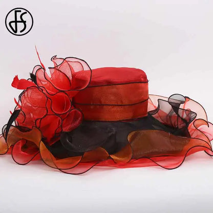 FS Organza Kentucky Derby Fascinators chapeau pour femmes dames à large bord chapeaux de soleil fleurs élégant mariage mariée église fête Fedoras