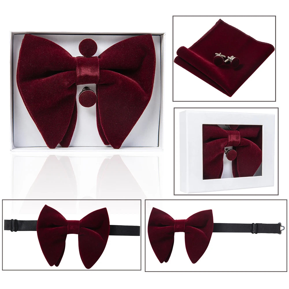 Ricnais velours grand noeud papillon hommes noeuds papillon poche carré boutons de manchette ensemble solide rouge bleu mouchoir cravate pour homme cadeau de mariage