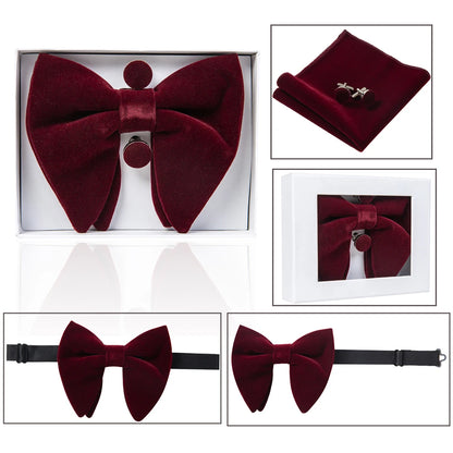 Ricnais velours grand noeud papillon hommes noeuds papillon poche carré boutons de manchette ensemble solide rouge bleu mouchoir cravate pour homme cadeau de mariage
