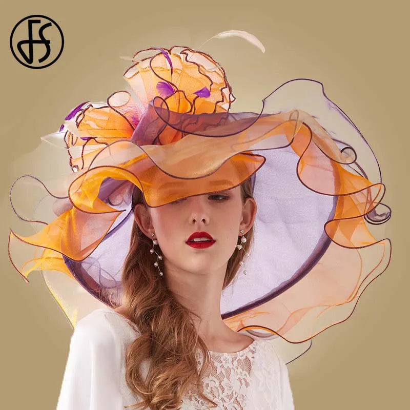 FS Organza Kentucky Derby Fascinators chapeau pour femmes dames à large bord chapeaux de soleil fleurs élégant mariage mariée église fête Fedoras