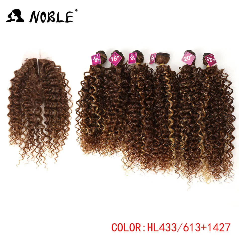 Noble tissage de cheveux synthétiques 16-20 pouces 7 pièces/lot Afro crépus bouclés paquets de cheveux avec fermeture dentelle synthétique pour les femmes noires