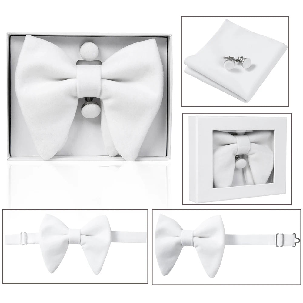 Ricnais velours grand noeud papillon hommes noeuds papillon poche carré boutons de manchette ensemble solide rouge bleu mouchoir cravate pour homme cadeau de mariage