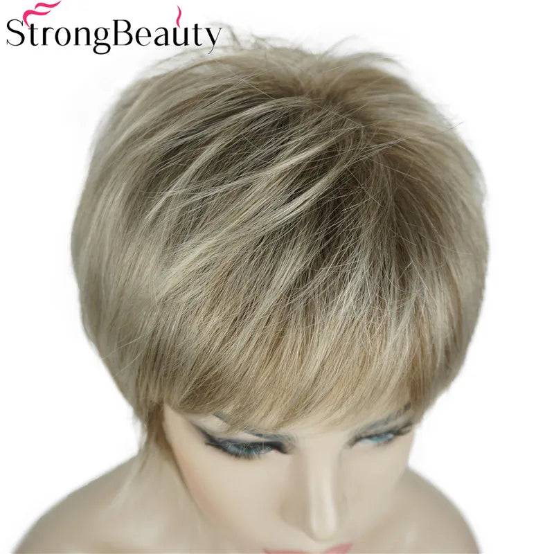 StrongBeauty-Perruques Synthétiques Courtes Droites, Cheveux Doux, Layered Shag, Ombre Blonde