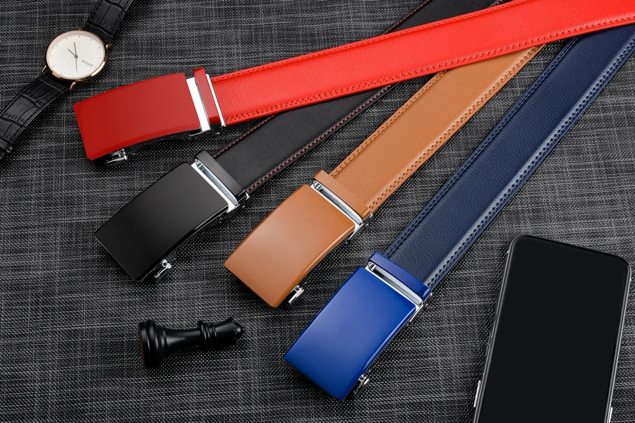 Plyesxale-Ceinture en cuir véritable pour homme, ceinture habillée à cliquet, haute qualité, automatique, bleu, rouge, marron clair, environnement B36