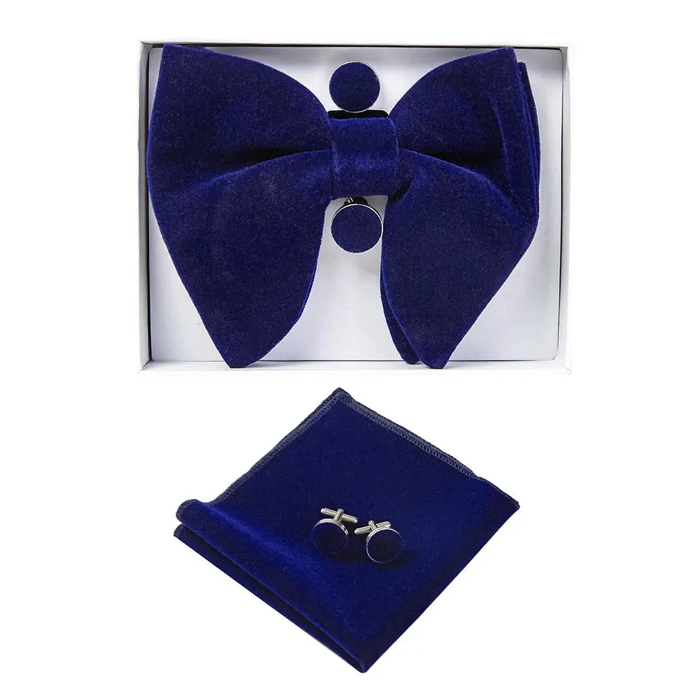 Ricnais velours grand noeud papillon hommes noeuds papillon poche carré boutons de manchette ensemble solide rouge bleu mouchoir cravate pour homme cadeau de mariage