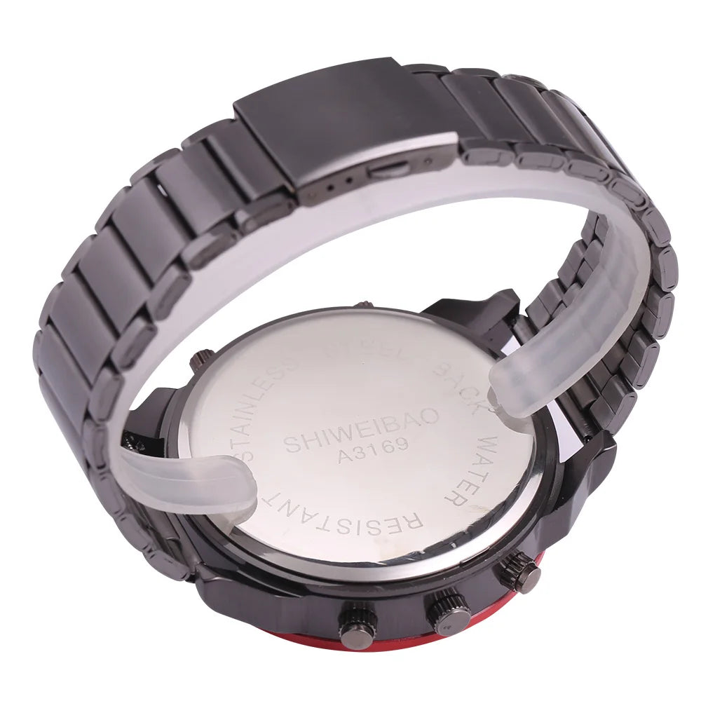 Marque grand cadran bande d'acier double affichage de l'heure hommes montres chronographe Quartz montre-bracelet militaire Relogio Masculino Hombre Reloj