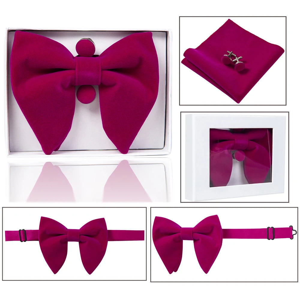 Ricnais velours grand noeud papillon hommes noeuds papillon poche carré boutons de manchette ensemble solide rouge bleu mouchoir cravate pour homme cadeau de mariage