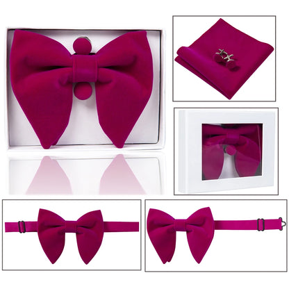 Ricnais velours grand noeud papillon hommes noeuds papillon poche carré boutons de manchette ensemble solide rouge bleu mouchoir cravate pour homme cadeau de mariage