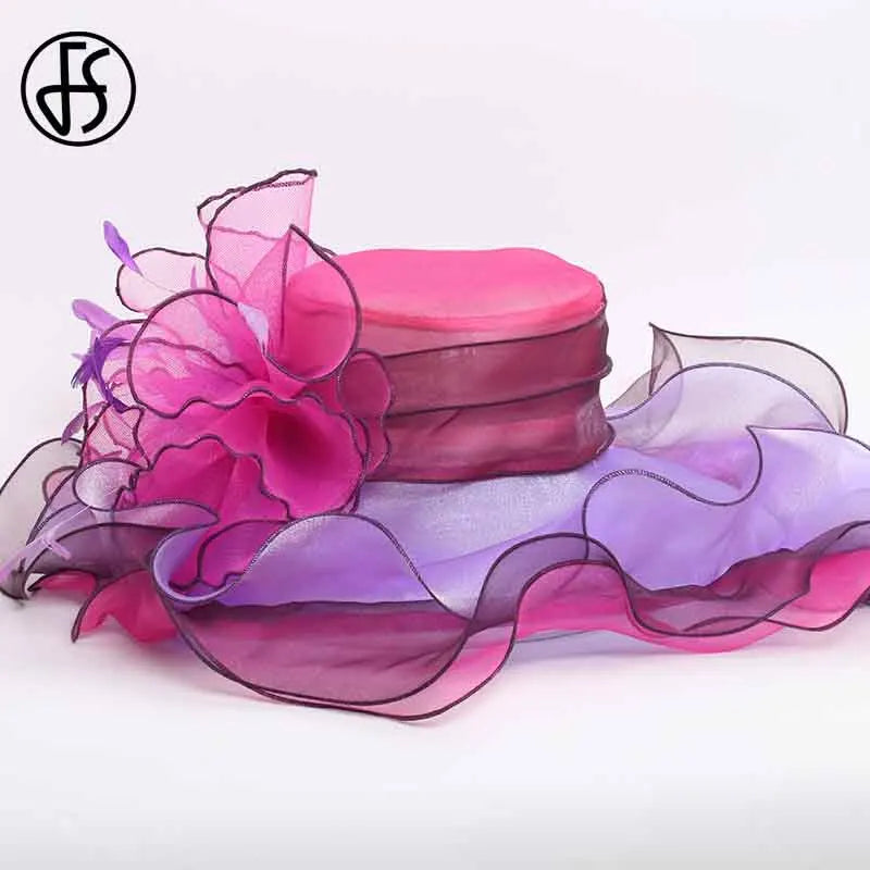 FS Organza Kentucky Derby Fascinators chapeau pour femmes dames à large bord chapeaux de soleil fleurs élégant mariage mariée église fête Fedoras
