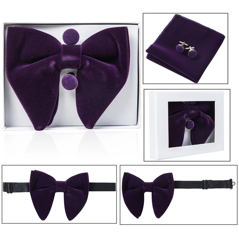 Ricnais velours grand noeud papillon hommes noeuds papillon poche carré boutons de manchette ensemble solide rouge bleu mouchoir cravate pour homme cadeau de mariage