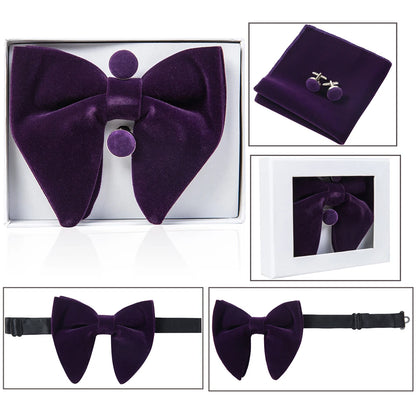 Ricnais velours grand noeud papillon hommes noeuds papillon poche carré boutons de manchette ensemble solide rouge bleu mouchoir cravate pour homme cadeau de mariage