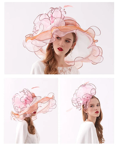 FS Organza Kentucky Derby Fascinators chapeau pour femmes dames à large bord chapeaux de soleil fleurs élégant mariage mariée église fête Fedoras
