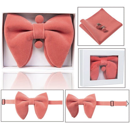 Ricnais velours grand noeud papillon hommes noeuds papillon poche carré boutons de manchette ensemble solide rouge bleu mouchoir cravate pour homme cadeau de mariage