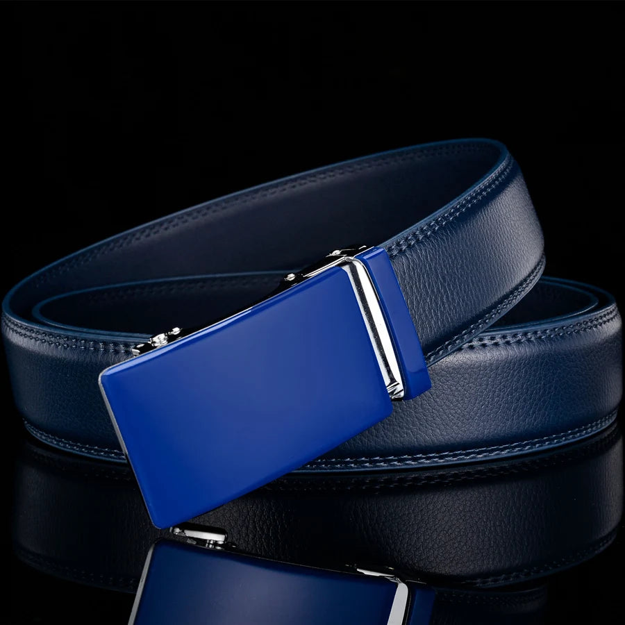 Plyesxale-Ceinture en cuir véritable pour homme, ceinture habillée à cliquet, haute qualité, automatique, bleu, rouge, marron clair, environnement B36