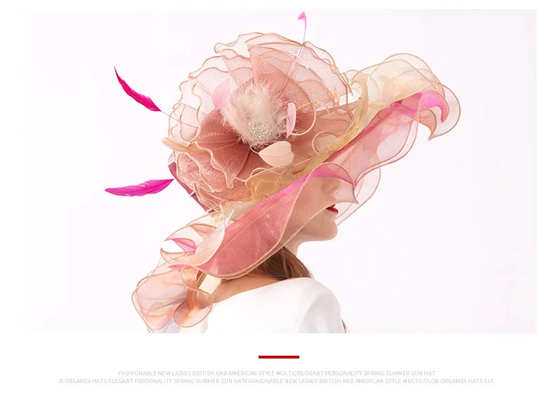 FS Organza Kentucky Derby Fascinators chapeau pour femmes dames à large bord chapeaux de soleil fleurs élégant mariage mariée église fête Fedoras