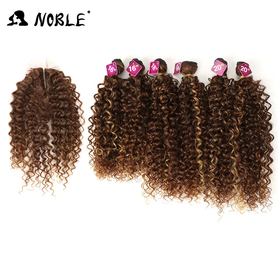 Noble tissage de cheveux synthétiques 16-20 pouces 7 pièces/lot Afro crépus bouclés paquets de cheveux avec fermeture dentelle synthétique pour les femmes noires