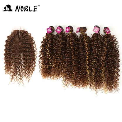 Noble tissage de cheveux synthétiques 16-20 pouces 7 pièces/lot Afro crépus bouclés paquets de cheveux avec fermeture dentelle synthétique pour les femmes noires