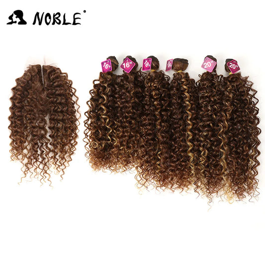 Noble tissage de cheveux synthétiques 16-20 pouces 7 pièces/lot Afro crépus bouclés paquets de cheveux avec fermeture dentelle synthétique pour les femmes noires