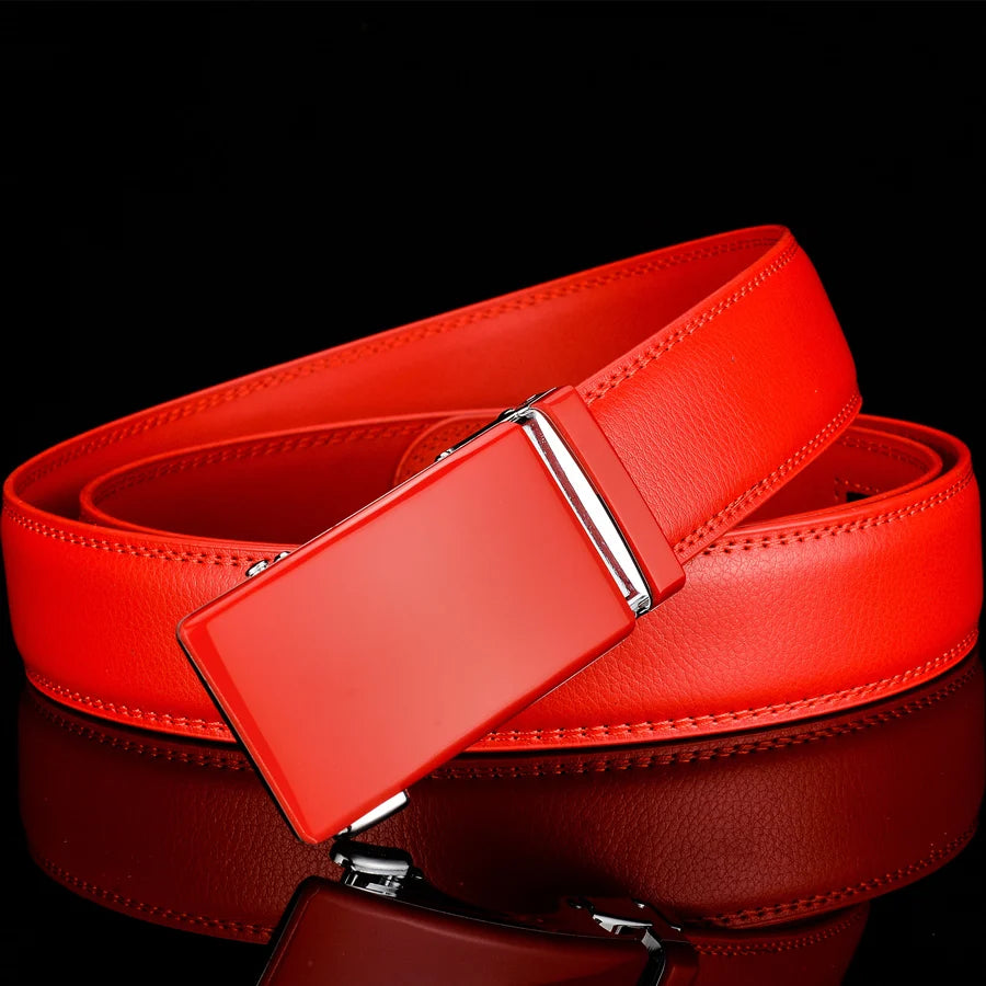 Plyesxale-Ceinture en cuir véritable pour homme, ceinture habillée à cliquet, haute qualité, automatique, bleu, rouge, marron clair, environnement B36
