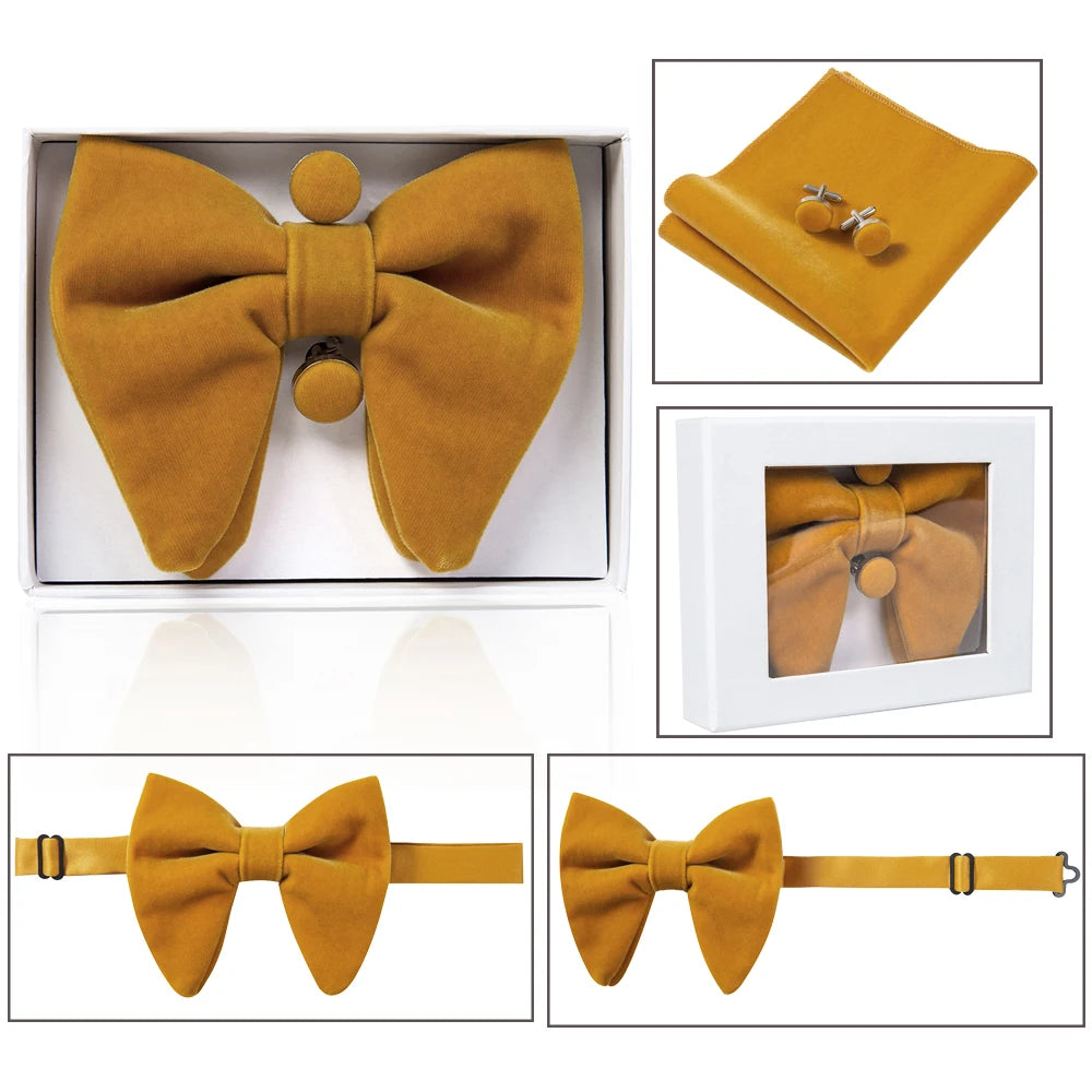 Ricnais velours grand noeud papillon hommes noeuds papillon poche carré boutons de manchette ensemble solide rouge bleu mouchoir cravate pour homme cadeau de mariage